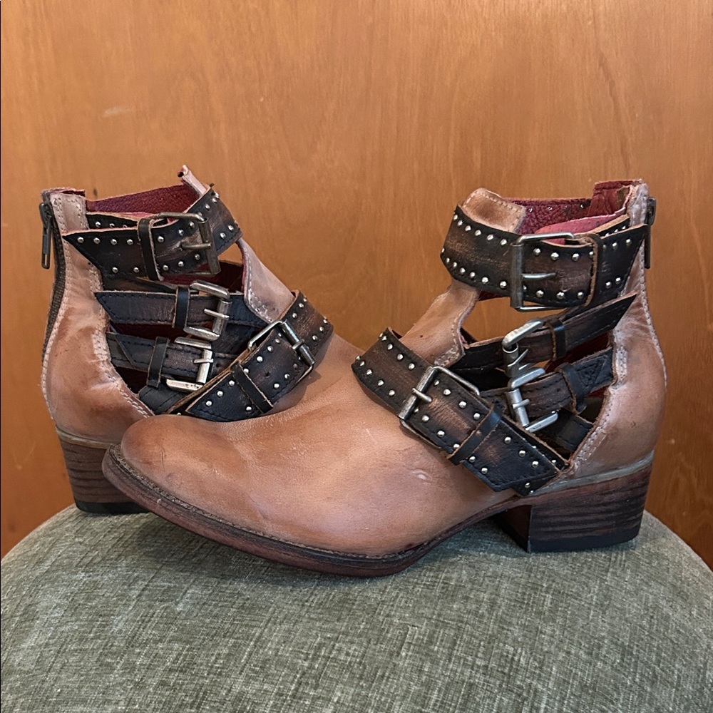 Freebird Tan Leather Ankle Boots with Buckle Accents - Never Worn